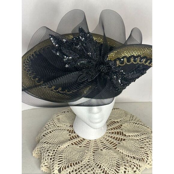 Vintage Black & Gold Embellished Mesh Head Turner Glamour Hat